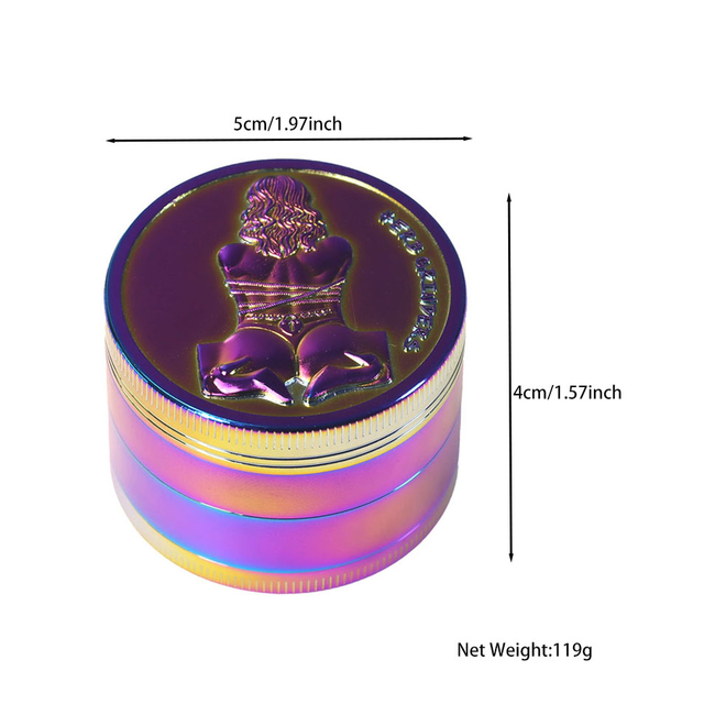 Rainbow Color 4 Parts 2.0 Inch Solid Top Cover Embossed Sexy Beauty Cylindrical Shaped Diamond Teeth Manual Zinc CNC Herb Grinder