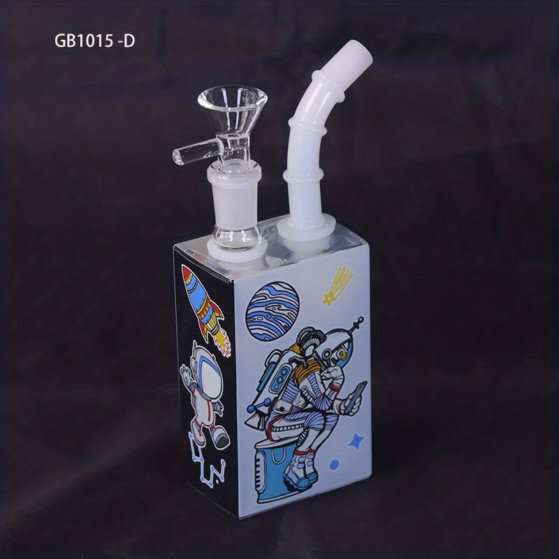 Tall 4" Astronaut Design Series Thickness Square Shape High Borosilicate Fancy Water Pipe with 14 Female Joint With Portable Outdoor Anti Shock Anti Drop Black Plastic Box