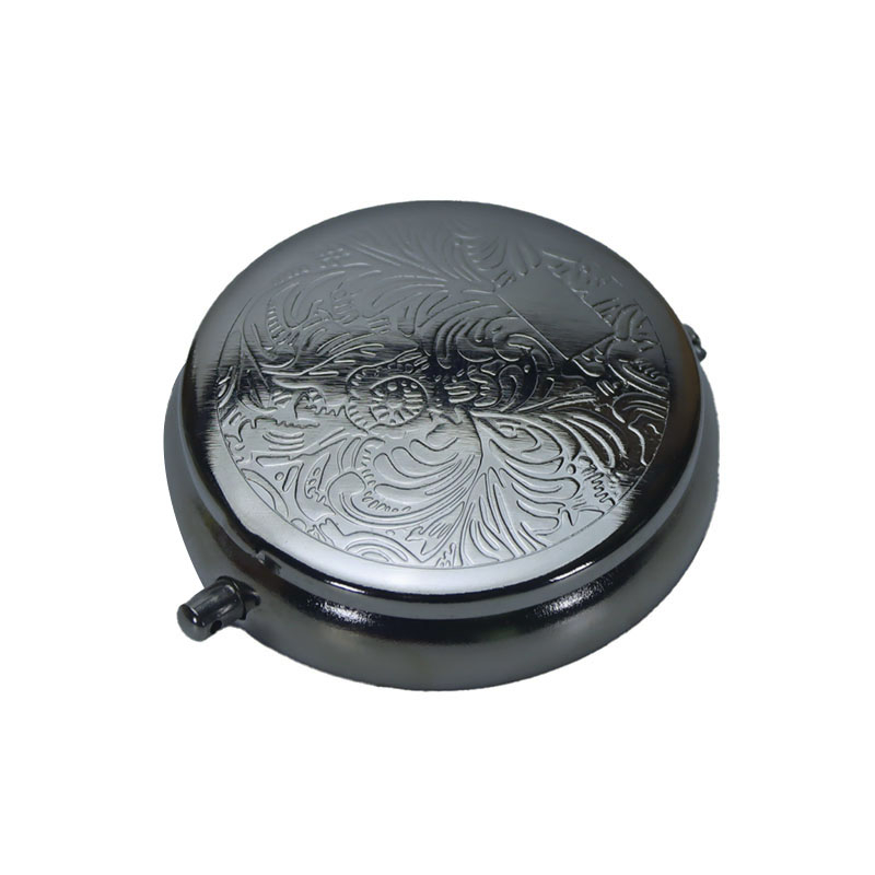 Mini Size Portable Push Type Spring Flip Lid Round Embossing Metal Ashtray