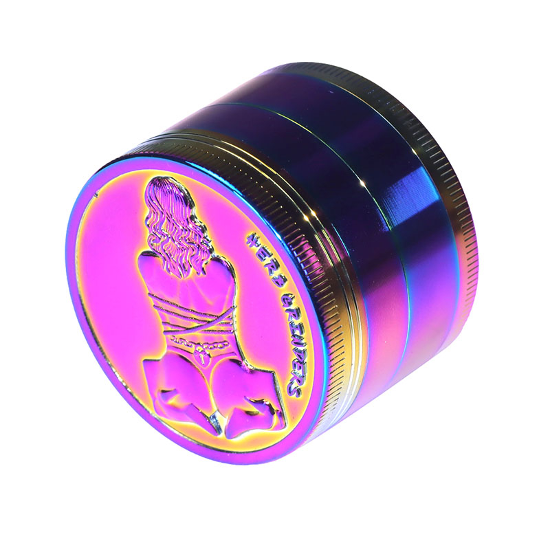 Rainbow Color 4 Parts 2.0 Inch Solid Top Cover Embossed Sexy Beauty Cylindrical Shaped Diamond Teeth Manual Zinc CNC Herb Grinder