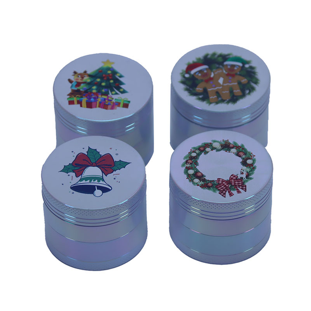Mini Size Iridesent Color 4 Parts 1.6 Inches Solid Top Cover Christmas Theme Cylindrical Shaped Diamond Teeth Manual Zinc CNC Tobacco Grinders With Plastic Scraper