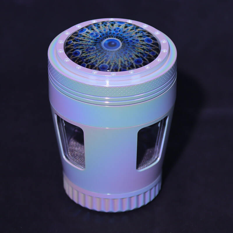 Iridesent Color 4 Parts 2.2 Inches Solid Convex Top Cover Inlay Resin Crystal Djembe Shaped Diamond Teeth Side Windows Manual Zinc CNC Herb Handmullers