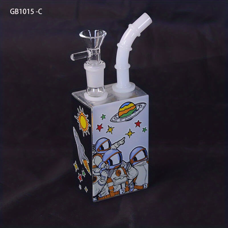 Tall 4" Astronaut Design Series Thickness Square Shape High Borosilicate Fancy Water Pipe with 14 Female Joint With Portable Outdoor Anti Shock Anti Drop Black Plastic Box