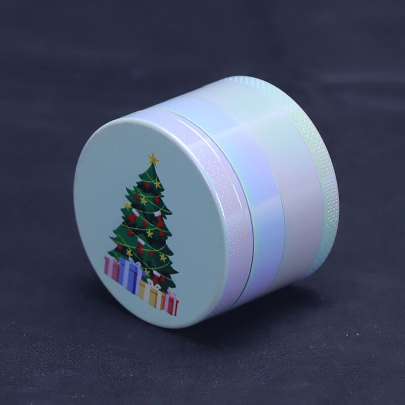Media Size Iridescent Color 4 Parts 2 Inch Solid Top Cover Christmas Theme Cylindrical Shaped Diamond Teeth Manual Zinc CNC Herb Grinder