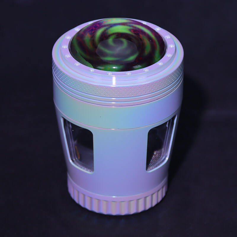 Iridesent Color 4 Parts 2.2 Inches Solid Convex Top Cover Inlay Resin Crystal Djembe Shaped Diamond Teeth Side Windows Manual Zinc CNC Herb Handmullers
