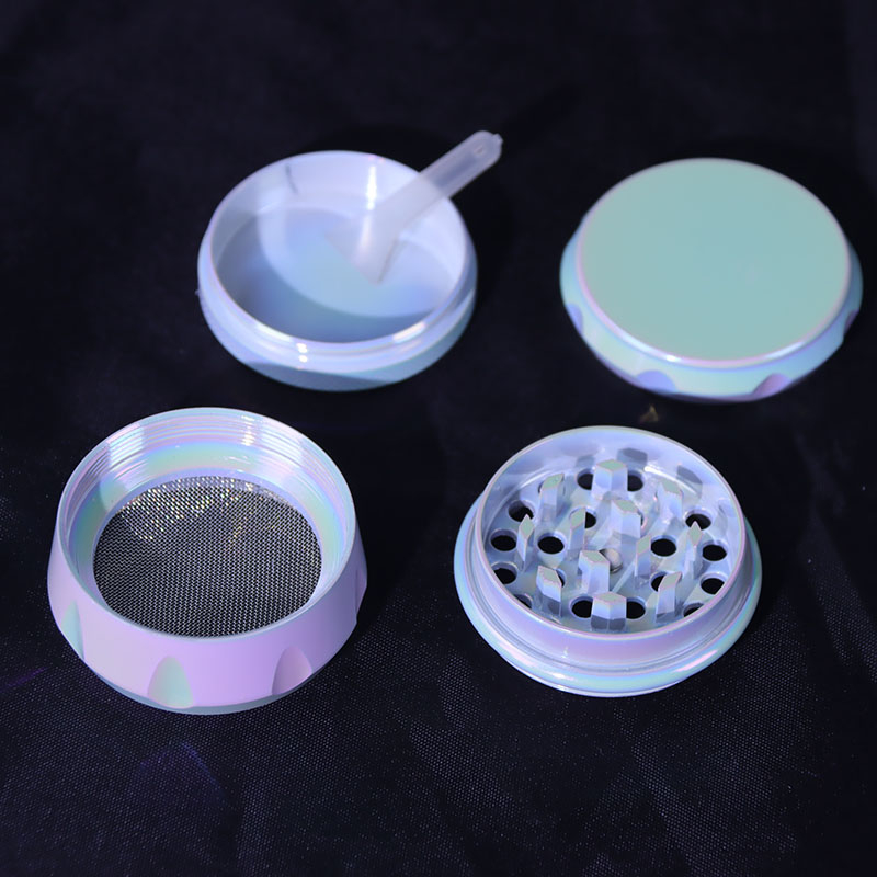 Iridescent Color 4 Parts Mini Size 1.66 Inches Solid Top Drum shaped Square Teeth Zinc CNC Manual Herb Crusher