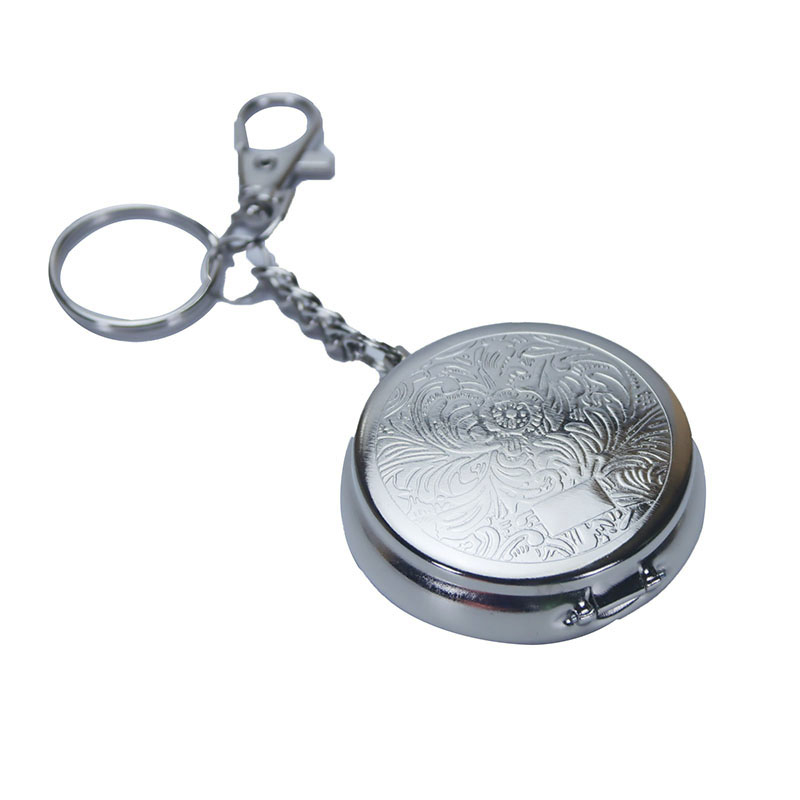 Mini Size Portable Push Type Spring Flip Lid Round Embossing Metal Ashtray With Key Chain