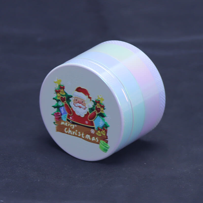 Media Size Iridescent Color 4 Parts 2 Inch Solid Top Cover Christmas Theme Cylindrical Shaped Diamond Teeth Manual Zinc CNC Herb Grinder
