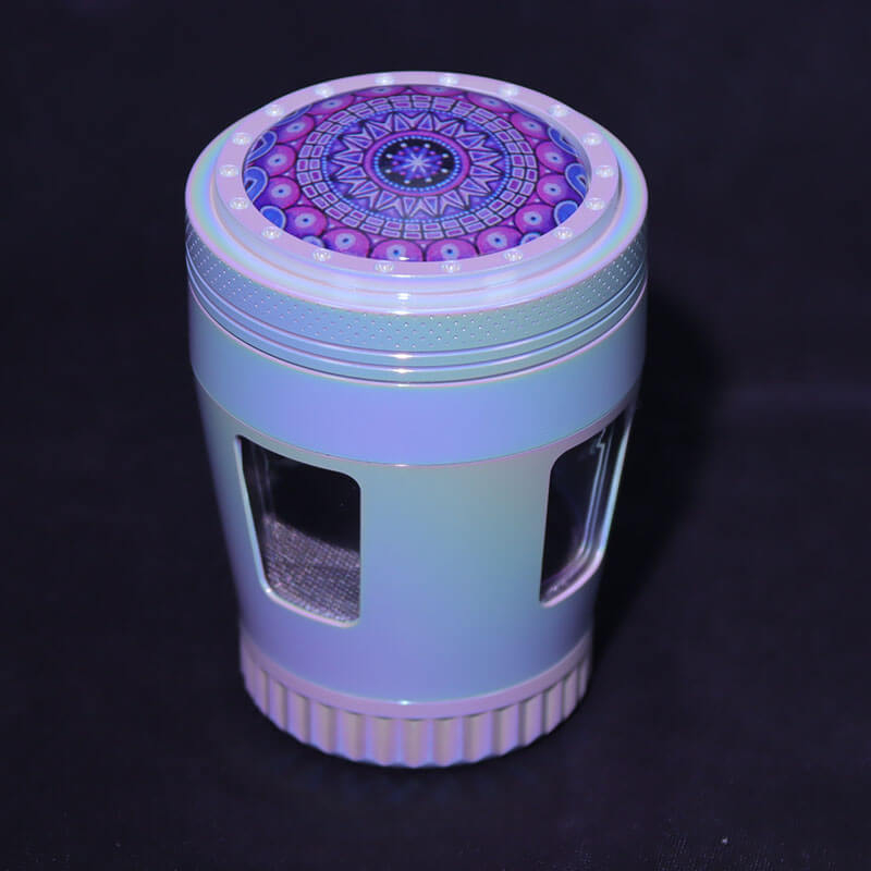 Iridesent Color 4 Parts 2.2 Inches Solid Convex Top Cover Inlay Resin Crystal Djembe Shaped Diamond Teeth Side Windows Manual Zinc CNC Herb Handmullers