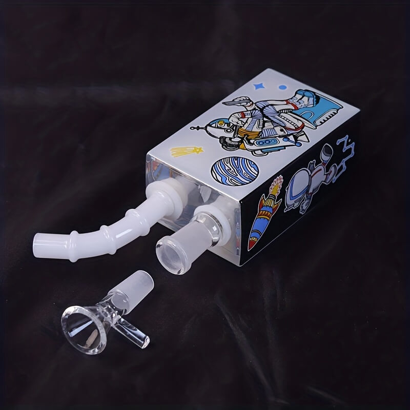 Tall 4" Astronaut Design Series Thickness Square Shape High Borosilicate Fancy Water Pipe with 14 Female Joint With Portable Outdoor Anti Shock Anti Drop Black Plastic Box