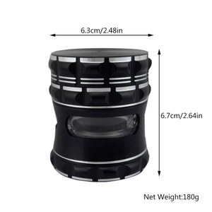 Black Color 4 Parts 2.5 Inches Strong Magnetic Solid Top Cover Large Chamber Waist Shaped Engraving Finishing Not Easy To Break Triangular Teeth Aluminum CNC Herb HandMuller With 3 Window