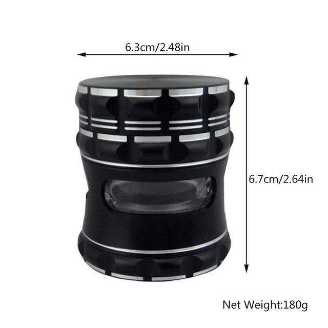 Black Color 4 Parts 2.5 Inches Strong Magnetic Solid Top Cover Large Chamber Waist Shaped Engraving Finishing Not Easy To Break Triangular Teeth Aluminum CNC Herb HandMuller With 3 Window
