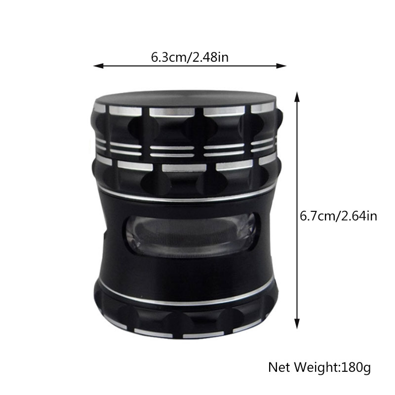 Black Color 4 Parts 2.5 Inches Strong Magnetic Solid Top Cover Large Chamber Waist Shaped Engraving Finishing Not Easy To Break Triangular Teeth Aluminum CNC Herb HandMuller With 3 Window