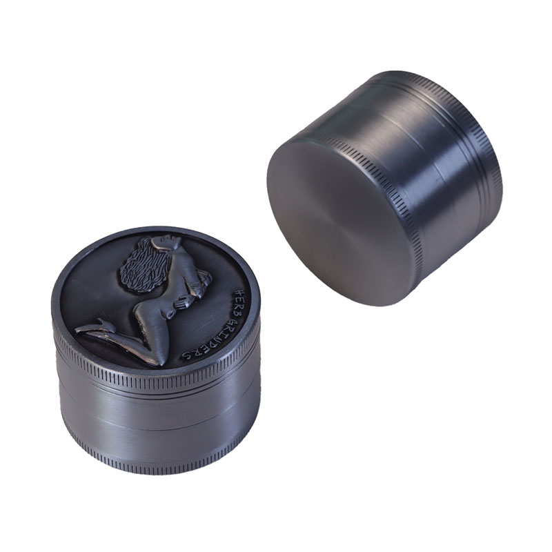Anique Silver Color 4 Parts 2.0 Inch Solid Top Cover Embossed Sexy Beauty Cylindrical Shaped Diamond Teeth Manual Zinc CNC Weed Grinder