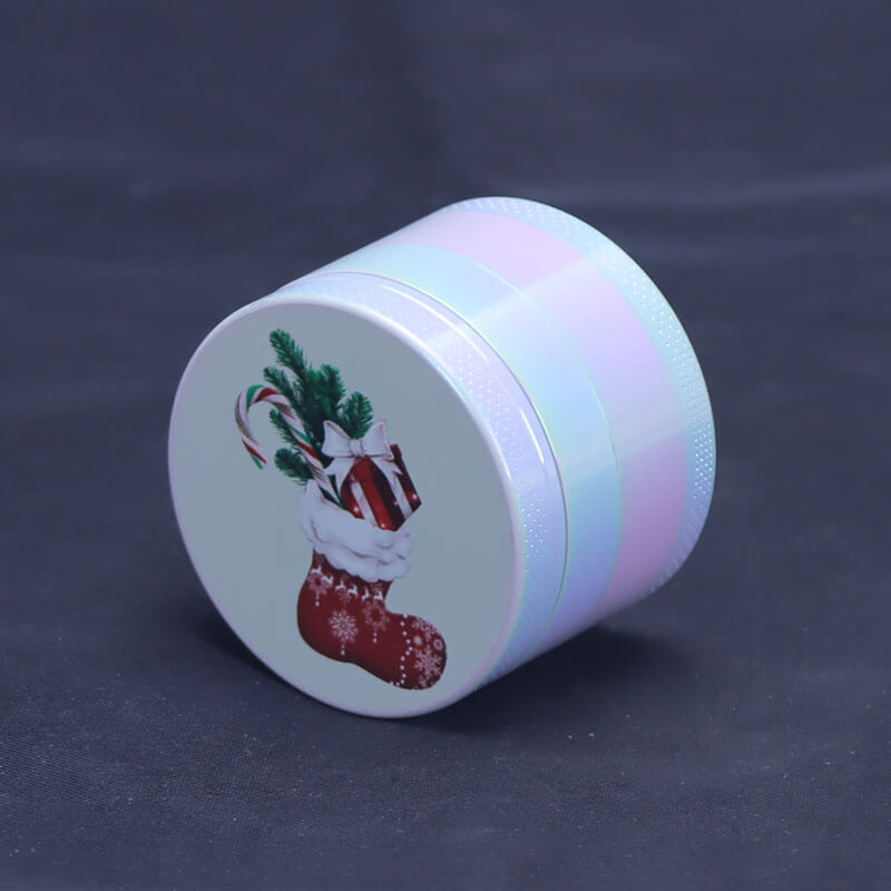 Media Size Iridescent Color 4 Parts 2 Inch Solid Top Cover Christmas Theme Cylindrical Shaped Diamond Teeth Manual Zinc CNC Herb Grinder