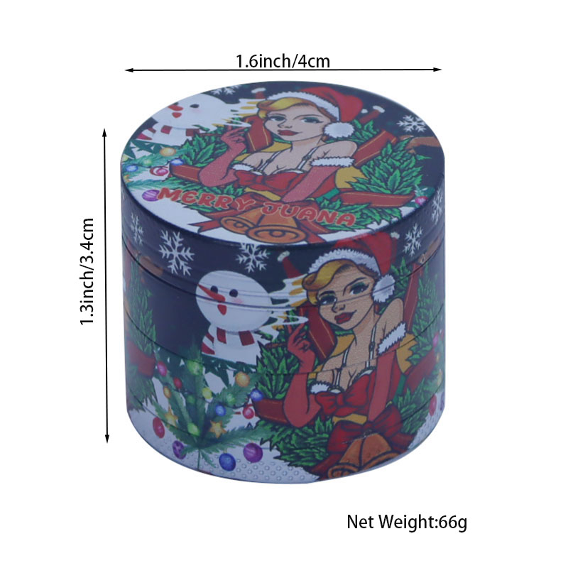 Whole Body UV Printed 4 layers 1.6 Inches Solid Upper Cover Cylindrical Diamond Shaped Teeth Christmas Theme Zinc CNC Manual Grinders