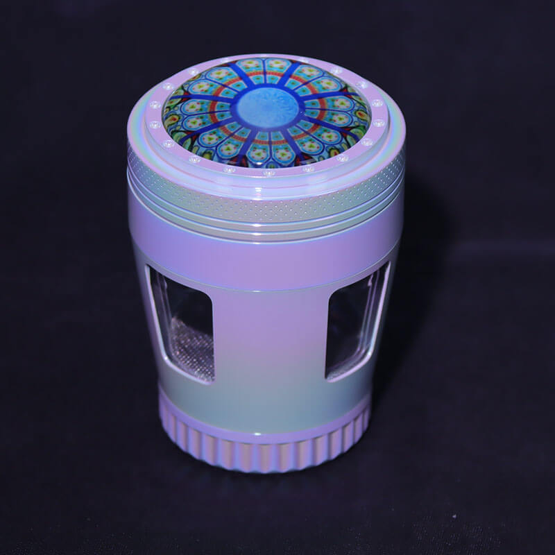 Iridesent Color 4 Parts 2.2 Inches Solid Convex Top Cover Inlay Resin Crystal Djembe Shaped Diamond Teeth Side Windows Manual Zinc CNC Herb Handmullers