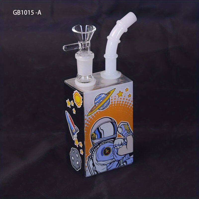 Tall 4" Astronaut Design Series Thickness Square Shape High Borosilicate Fancy Water Pipe with 14 Female Joint With Portable Outdoor Anti Shock Anti Drop Black Plastic Box