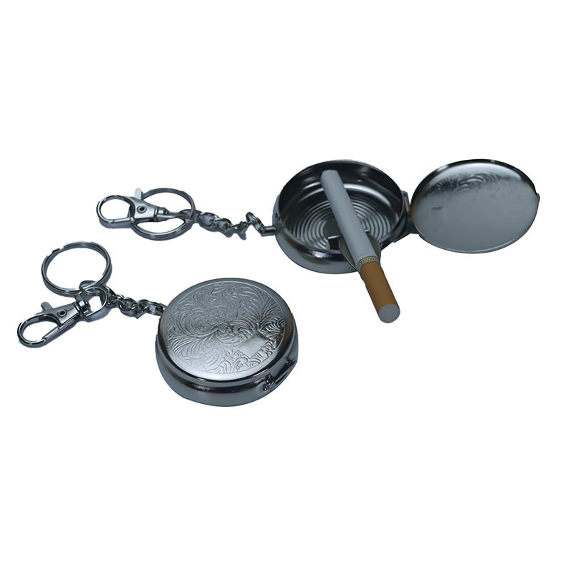 Mini Size Portable Push Type Spring Flip Lid Round Embossing Metal Ashtray With Key Chain
