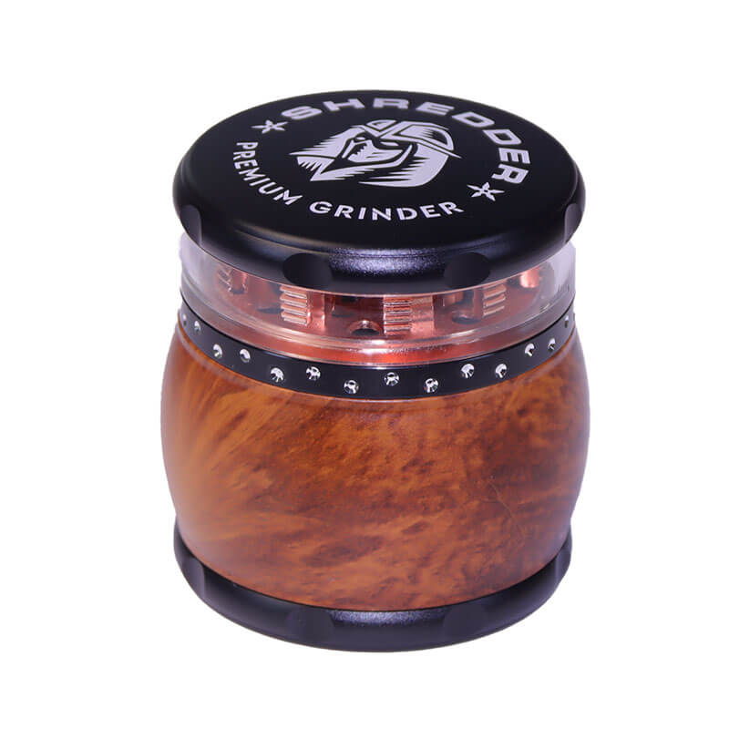 Herb Shredder 2.5 Inch Magnetic Lid Drum Shaped Imitation Wood Grain Visible Tooth Engraving Center Ring 4 Layer Metal Tobacco Grinders With Gift Box