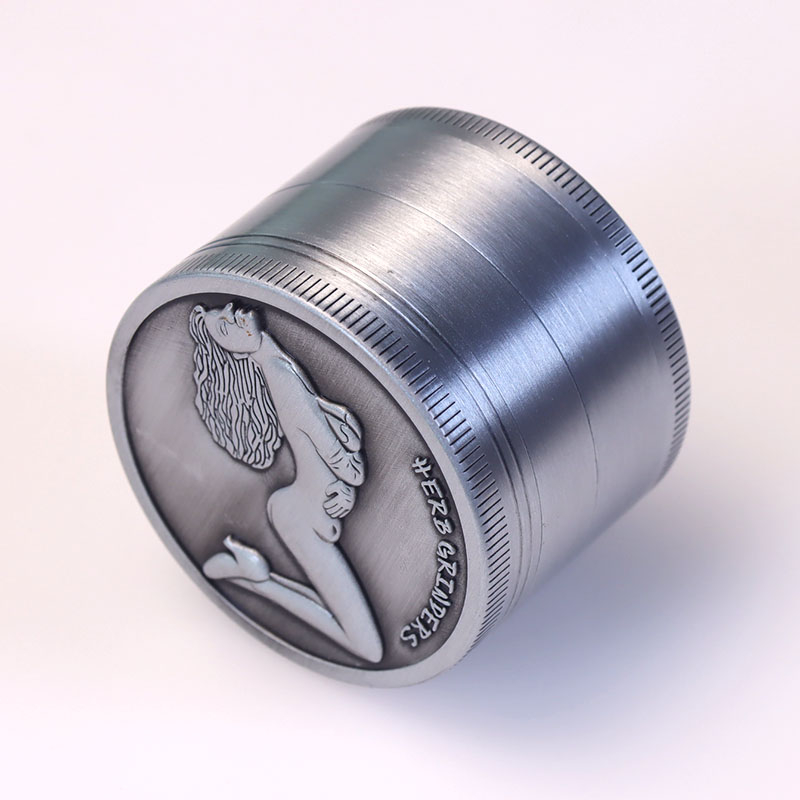 Anique Silver Color 4 Parts 2.0 Inch Solid Top Cover Embossed Sexy Beauty Cylindrical Shaped Diamond Teeth Manual Zinc CNC Weed Grinder