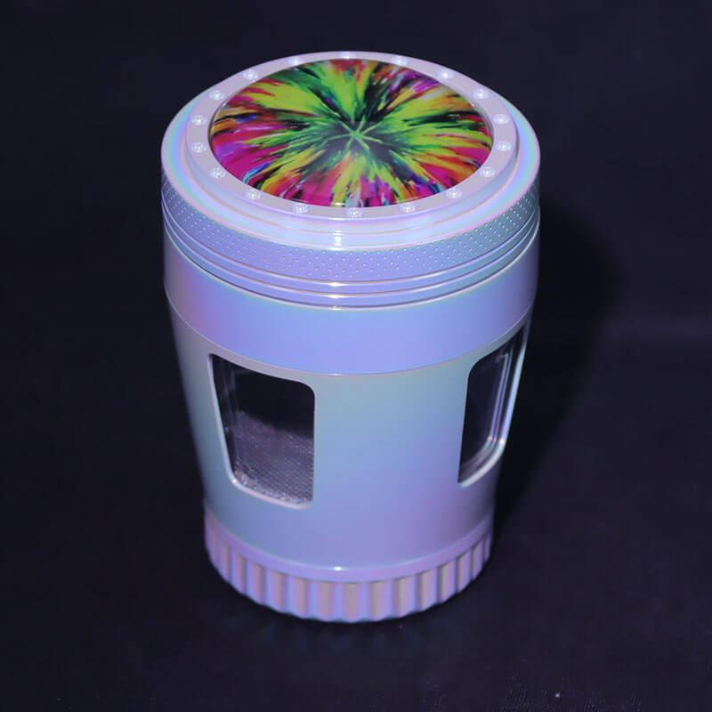 Iridesent Color 4 Parts 2.2 Inches Solid Convex Top Cover Inlay Resin Crystal Djembe Shaped Diamond Teeth Side Windows Manual Zinc CNC Herb Handmullers
