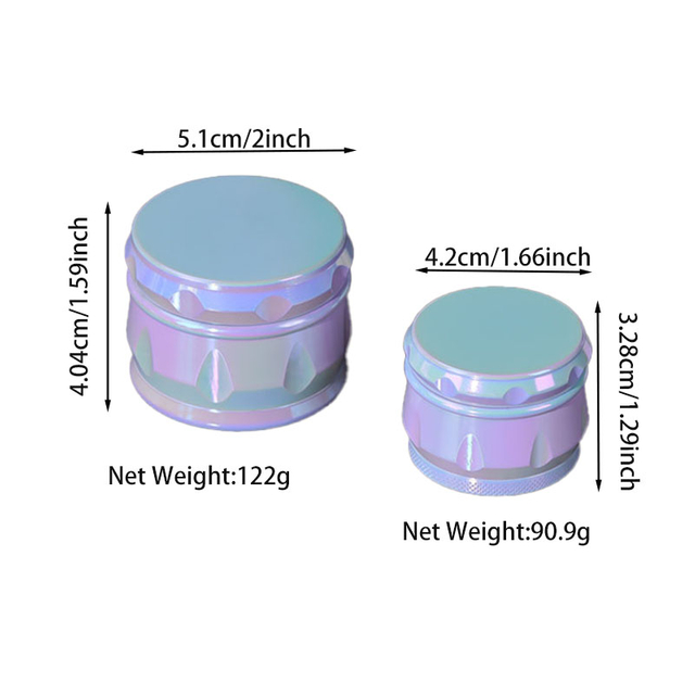 Iridescent Color 4 Parts Mini Size 1.66 Inches Solid Top Drum shaped Square Teeth Zinc CNC Manual Herb Crusher