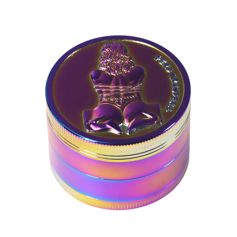 Rainbow Color 4 Parts 2.0 Inch Solid Top Cover Embossed Sexy Beauty Cylindrical Shaped Diamond Teeth Manual Zinc CNC Herb Grinder