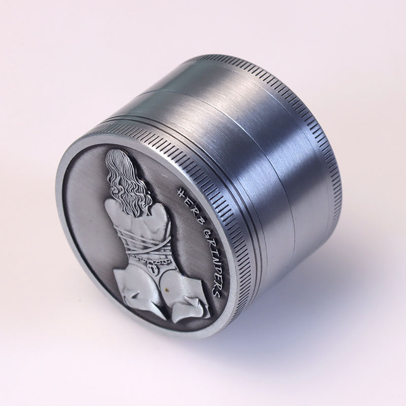 Anique Silver Color 4 Parts 2.0 Inch Solid Top Cover Embossed Sexy Beauty Cylindrical Shaped Diamond Teeth Manual Zinc CNC Weed Grinder