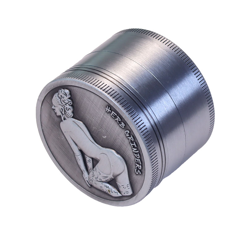Anique Silver Color 4 Parts 2.0 Inch Solid Top Cover Embossed Sexy Beauty Cylindrical Shaped Diamond Teeth Manual Zinc CNC Weed Grinder