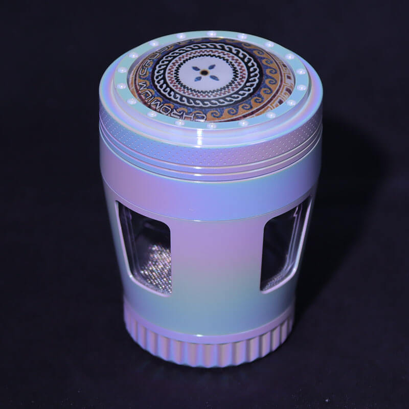 Iridesent Color 4 Parts 2.2 Inches Solid Convex Top Cover Inlay Resin Crystal Djembe Shaped Diamond Teeth Side Windows Manual Zinc CNC Herb Handmullers