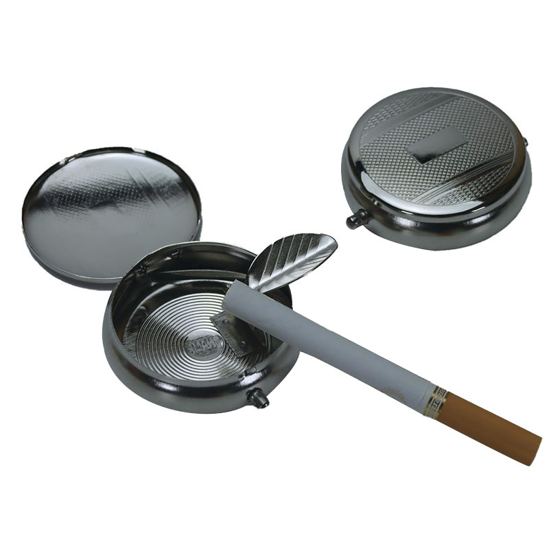 Mini Size Portable Push Type Spring Flip Lid Round Embossing Metal Ashtray