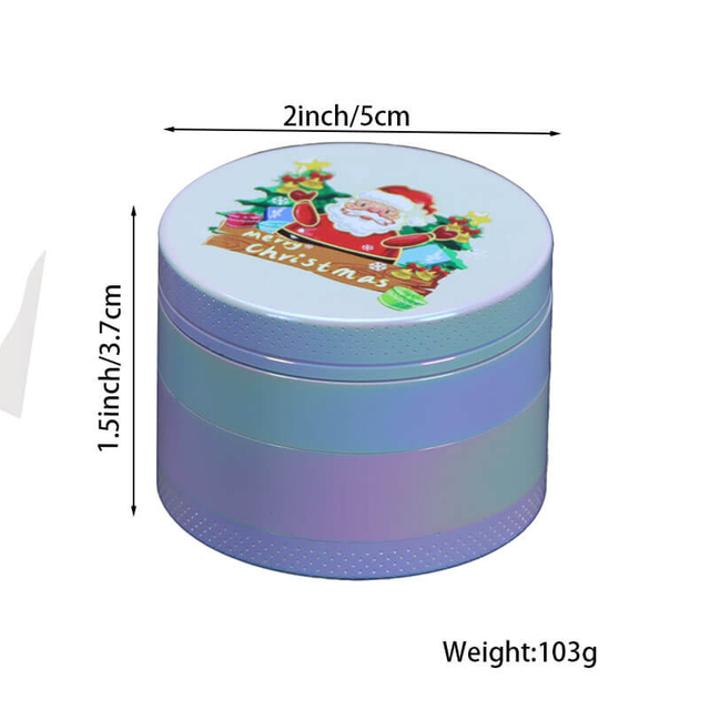 Media Size Iridescent Color 4 Parts 2 Inch Solid Top Cover Christmas Theme Cylindrical Shaped Diamond Teeth Manual Zinc CNC Herb Grinder