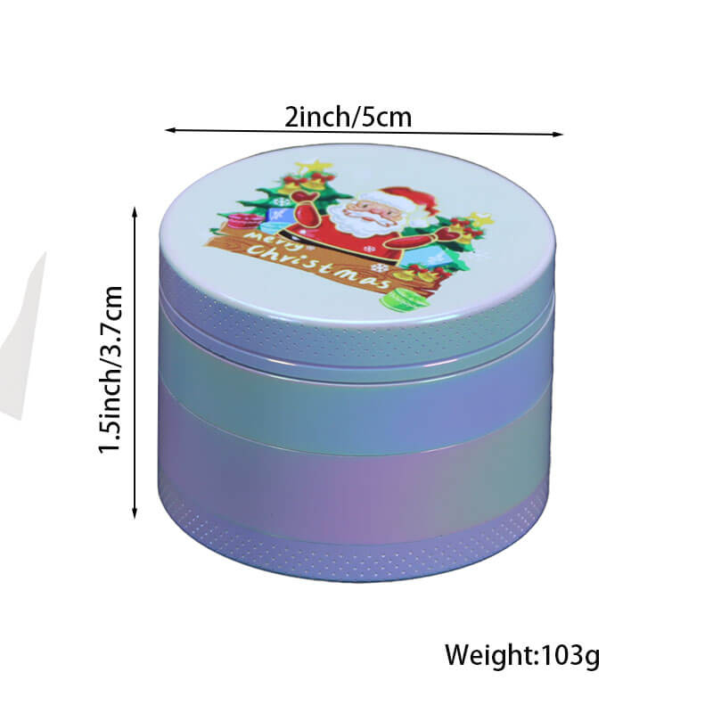Media Size Iridescent Color 4 Parts 2 Inch Solid Top Cover Christmas Theme Cylindrical Shaped Diamond Teeth Manual Zinc CNC Herb Grinder