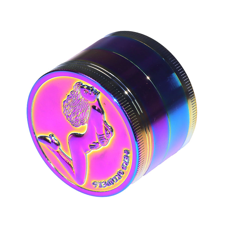 Rainbow Color 4 Parts 2.0 Inch Solid Top Cover Embossed Sexy Beauty Cylindrical Shaped Diamond Teeth Manual Zinc CNC Herb Grinder