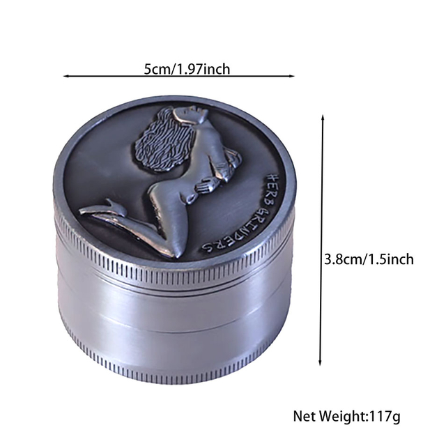 Anique Silver Color 4 Parts 2.0 Inch Solid Top Cover Embossed Sexy Beauty Cylindrical Shaped Diamond Teeth Manual Zinc CNC Weed Grinder