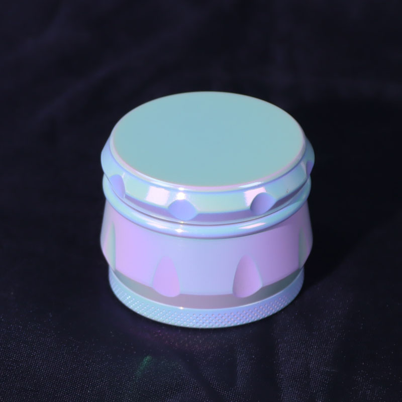 Iridescent Color 4 Parts Mini Size 1.66 Inches Solid Top Drum shaped Square Teeth Zinc CNC Manual Herb Crusher