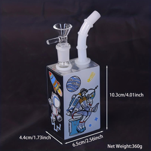 Tall 4" Astronaut Design Series Thickness Square Shape High Borosilicate Fancy Water Pipe with 14 Female Joint With Portable Outdoor Anti Shock Anti Drop Black Plastic Box