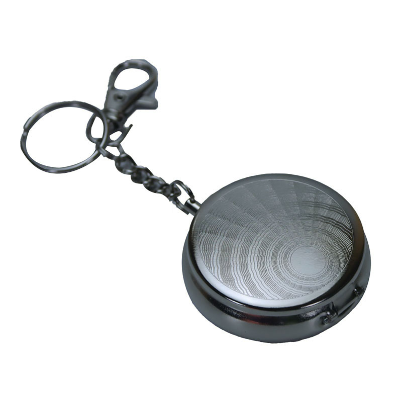 Mini Size Portable Push Type Spring Flip Lid Round Embossing Metal Ashtray With Key Chain