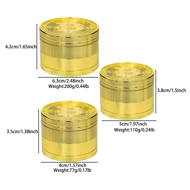 Wholesale BTC Coin Pattern Metal Tobacco Grinder customized 4-Layer Gold Zinc Alloy Metal