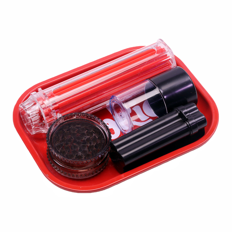 5 Pack Smoking Gear Kit Red Cookies Rolling Tray Air Tight Jar 3 Parts Plastic Herb Grinder Rolling Paper Container Premium Smoking Gear