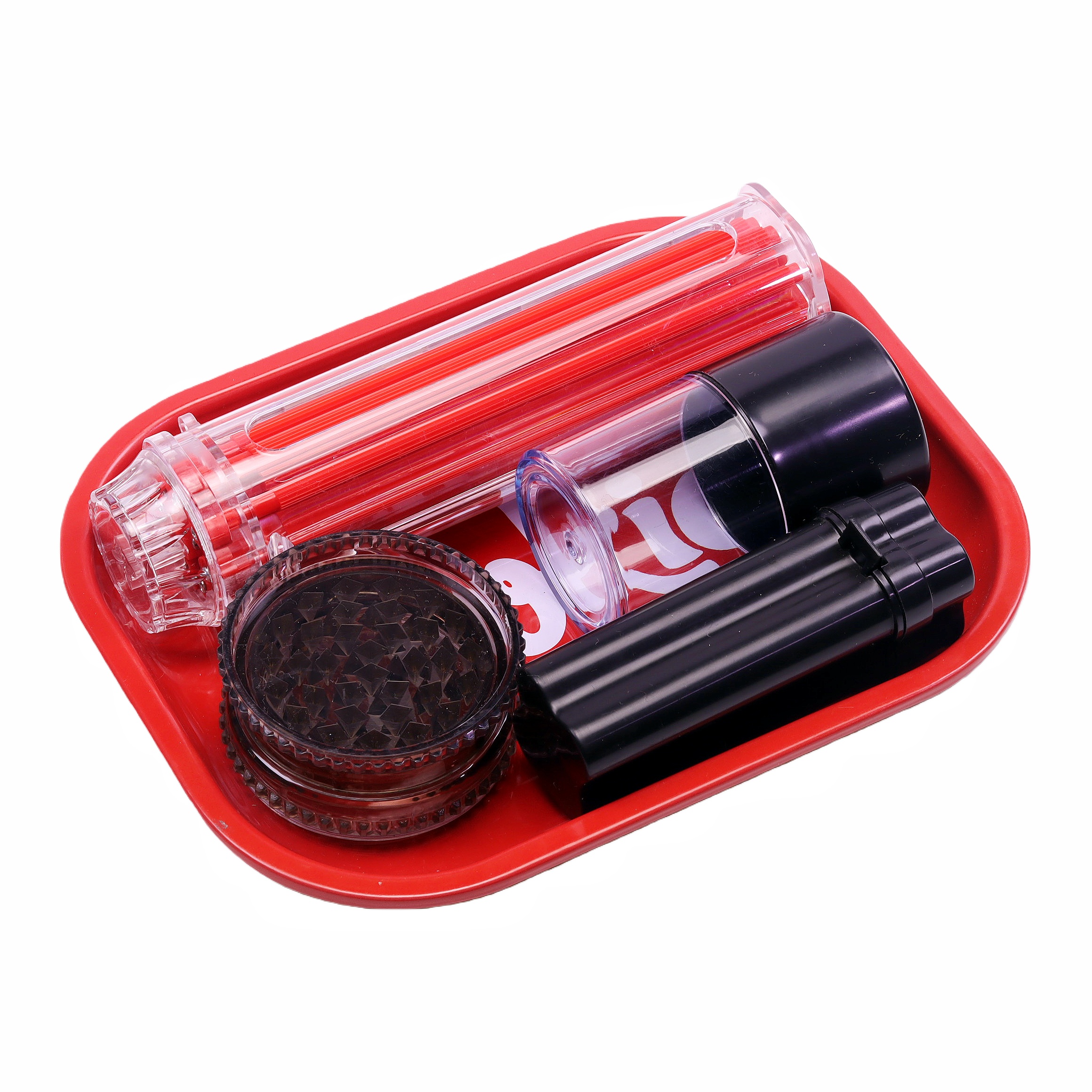 5 Pack Smoking Gear Kit Red Cookies Rolling Tray Air Tight Jar 3 Parts Plastic Herb Grinder Rolling Paper Container Premium Smoking Gear