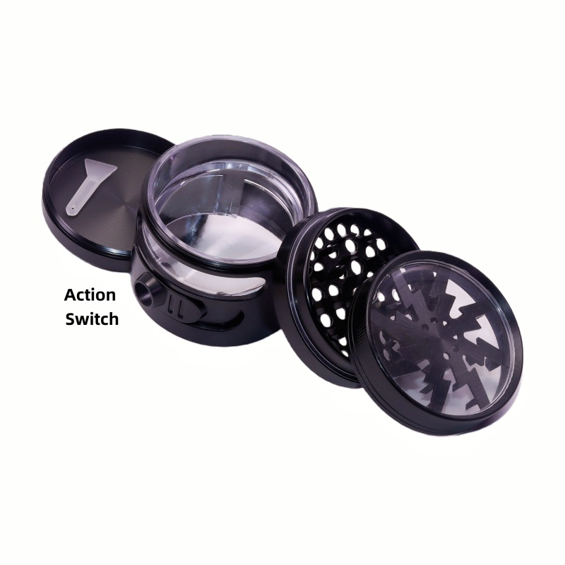 4 Parts 2.5 Inches Clear Top See Through Chamber Herb Grinder With Action Switch Dispenser Zinc Alloy Weed Grinder with Separator And Transparent Lid