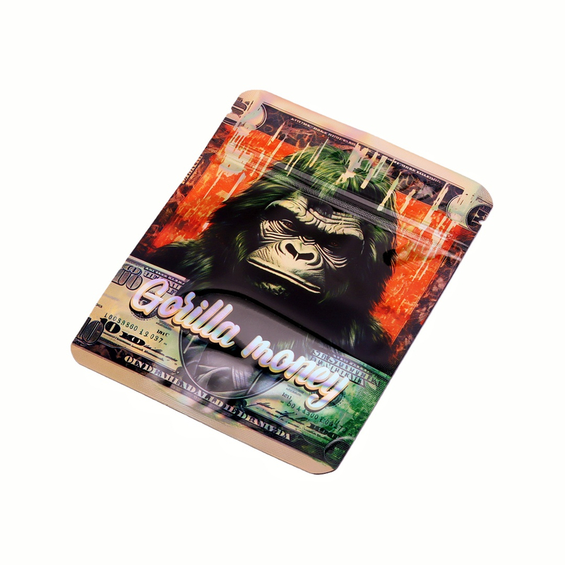 50/100Pack 3.5g Laser Holographic Gorilla Pattern PET Aluminum Coated Stand Up Zipper Pouch 3.5 Gram Gorilla Laser Film Mylar Bag PET Aluminum Foil Stand Up Zipper Pouch Resealable Zipper Pouch