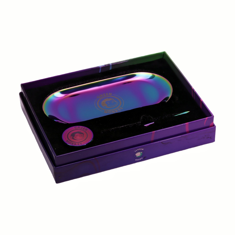 Green Monkey 1.6 Inch 4-layer Iridescent Herb Grinder Set with Metal Rolling Tray And Spoon Smoking Kit Colorful Iridescent Herb Grinder Metal Rolling Tray Spoon for Daily Use