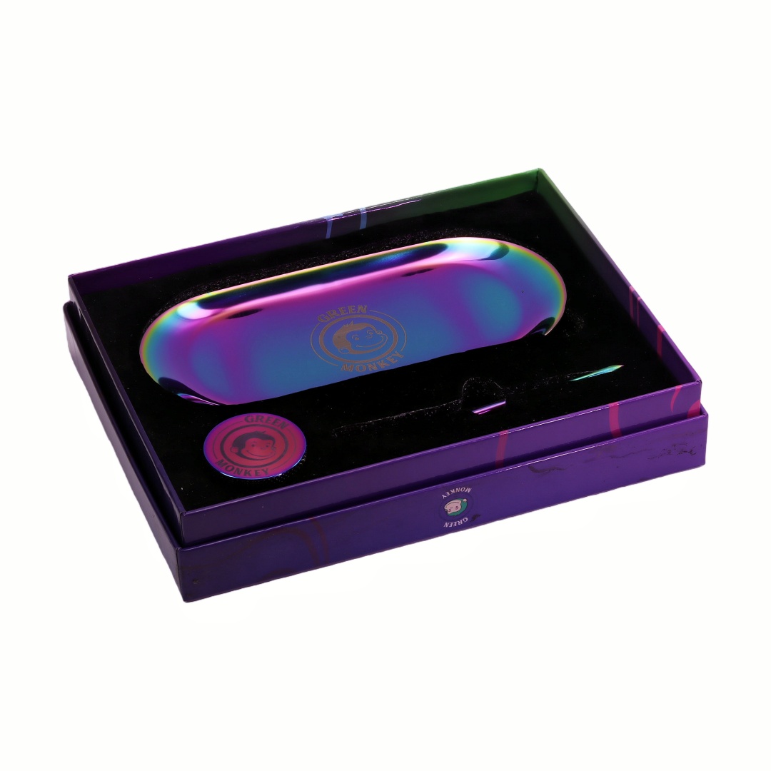 Green Monkey 1.6 Inch 4-layer Iridescent Herb Grinder Set with Metal Rolling Tray And Spoon Smoking Kit Colorful Iridescent Herb Grinder Metal Rolling Tray Spoon for Daily Use