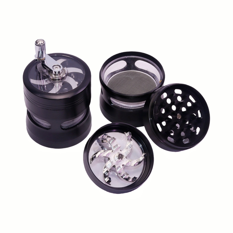 2.4 Inches Red Hand Crank Herb Grinder with Clear Top And Visible Chamber Visible Grinding Process Herb Mill with Handle Black Zinc Weed Grinder