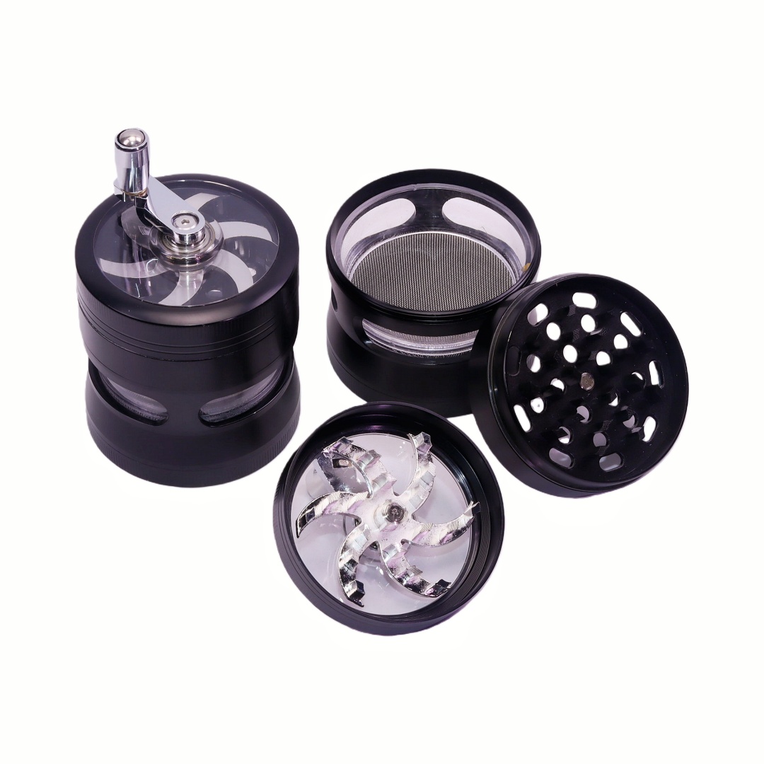 2.4 Inches Red Hand Crank Herb Grinder with Clear Top And Visible Chamber Visible Grinding Process Herb Mill with Handle Black Zinc Weed Grinder