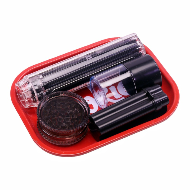 5 Pack Smoking Gear Kit Red Cookies Rolling Tray Air Tight Jar 3 Parts Plastic Herb Grinder Rolling Paper Container Premium Smoking Gear