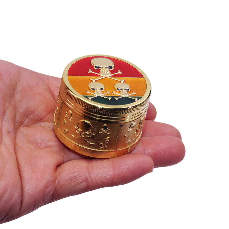 Color Drip Oil Skull Pattern Side Skull Embossment Hidden Removable Plastic Screen Golden Zinc Alloy Grinder Herb Grinder Spice Grinder Zinc Alloy Tobacco Grinder